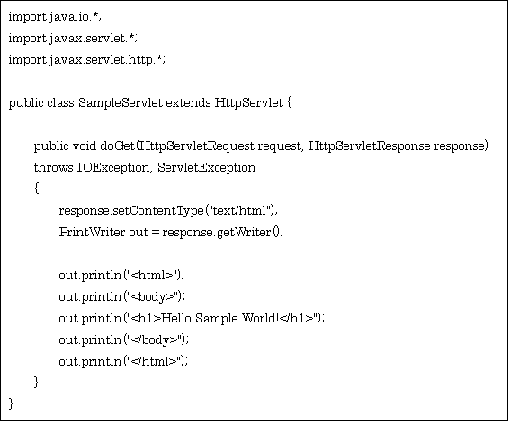 eLXg {bNX: import java.io.*;
import javax.servlet.*;
import javax.servlet.http.*;

public class SampleServlet extends HttpServlet {

    public void doGet(HttpServletRequest request, HttpServletResponse response)
    throws IOException, ServletException
    {
        response.setContentType("text/html");
        PrintWriter out = response.getWriter();

        out.println("<html>");
        out.println("<body>");
        out.println("<h1>Hello Sample World!</h1>");
        out.println("</body>");
        out.println("</html>");
    }
}
